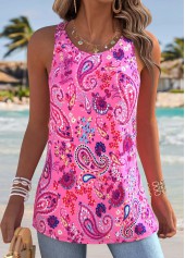 Paisley Print Tummy Coverage Hot Pink Sleeveless Tank Top