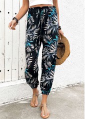 Plants Print Black Jogger Elastic Waist High Waisted Pants
