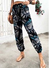 Plants Print Black Jogger Elastic Waist High Waisted Pants