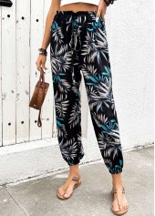 Plants Print Black Jogger Elastic Waist High Waisted Pants