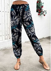 Plants Print Black Jogger Elastic Waist High Waisted Pants