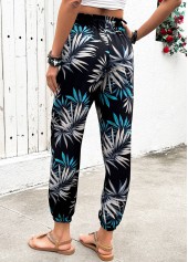 Plants Print Black Jogger Elastic Waist High Waisted Pants