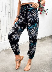 Plants Print Black Jogger Elastic Waist High Waisted Pants