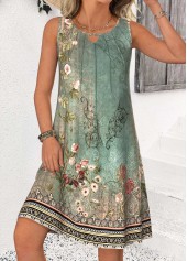 Random Floral Print Tummy Coverage Sage Green Sleeveless Dress