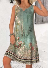 Random Floral Print Tummy Coverage Sage Green Sleeveless Dress