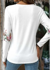 Floral Print Button White Long Sleeve T Shirt