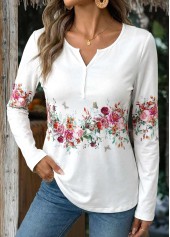 Floral Print Button White Long Sleeve T Shirt