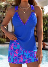 Royal Blue Tropical Plants Print Lace Up Tankini Set