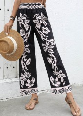 Plants Print Flowy Black Wide Leg Elastic Waist Pants