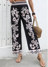 Plants Print Flowy Black Wide Leg Elastic Waist Pants