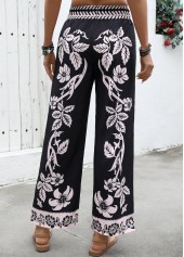 Plants Print Flowy Black Wide Leg Elastic Waist Pants