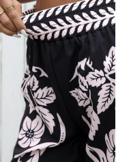 Plants Print Flowy Black Wide Leg Elastic Waist Pants
