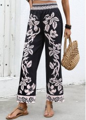 Plants Print Flowy Black Wide Leg Elastic Waist Pants