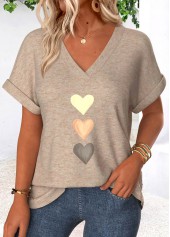 Heart Print Tummy Coverage Light Camel T Shirt