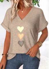 Heart Print Tummy Coverage Light Camel T Shirt