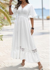Smocked White Maxi Half Sleeve V Neck Dress