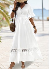 Smocked White Maxi Half Sleeve V Neck Dress