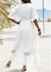 Smocked White Maxi Half Sleeve V Neck Dress