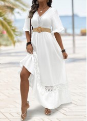 Smocked White Maxi Half Sleeve V Neck Dress