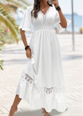 Smocked White Maxi Half Sleeve V Neck Dress
