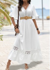 Smocked White Maxi Half Sleeve V Neck Dress