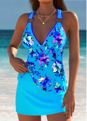 Mid Waisted Floral Print Lace Up Tankini Set