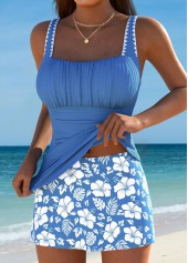 Mid Waisted Floral Print Wrap Dusty Blue Tankini Set