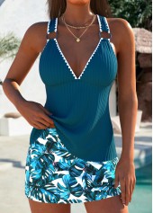 Peacock Blue Plants Print Lace Up Tankini Set