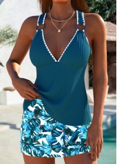 Peacock Blue Plants Print Lace Up Tankini Set