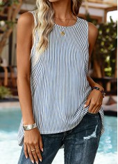 Striped Tummy Coverage Blue Sleeveless Round Neck Tank Top