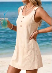 Patch Pocket Beige Short Sleeveless Round Neck Dress