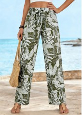 Leaf Print Soft Olive Green Straight Leg Pants