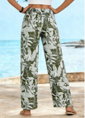 Leaf Print Soft Olive Green Straight Leg Pants