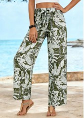 Leaf Print Soft Olive Green Straight Leg Pants