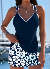 Mid Waisted Tropical Plants Print Lace Up Tankini Set