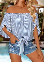 Striped Tie Blue Half Sleeve Off Shoulder Blouse