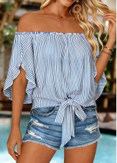 Striped Tie Blue Half Sleeve Off Shoulder Blouse