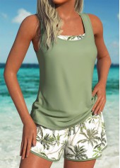 Mid Waisted Tropical Plants Print Three-piece Tankini Set