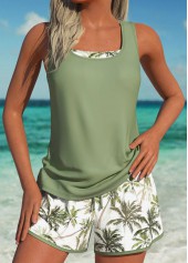 Mid Waisted Tropical Plants Print Three-piece Tankini Set