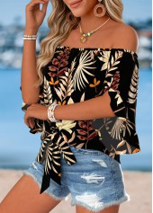 Plants Print Tie Multi Color Half Sleeve Blouse