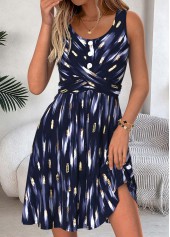 Geometric Print Tummy Coverage Navy Short Sleeveless Dress
