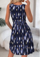 Geometric Print Tummy Coverage Navy Short Sleeveless Dress