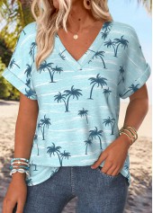 Tropical Plants Print Blue Short Sleeve T Shirt