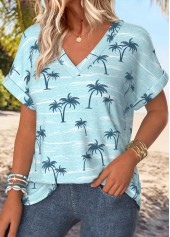 Tropical Plants Print Blue Short Sleeve T Shirt