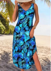 Leaf Print Tummy Coverage Blue A Line Sleeveless Dress