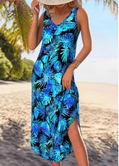 Leaf Print Tummy Coverage Blue A Line Sleeveless Dress