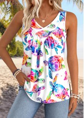 Marine Life Print Tummy Coverage White Sleeveless Tank Top