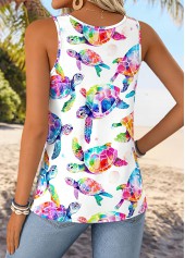 Marine Life Print Tummy Coverage White Sleeveless Tank Top