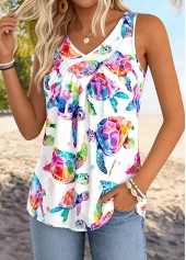 Marine Life Print Tummy Coverage White Sleeveless Tank Top
