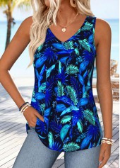 Leaf Print Tummy Coverage Dark Blue Sleeveless Tank Top